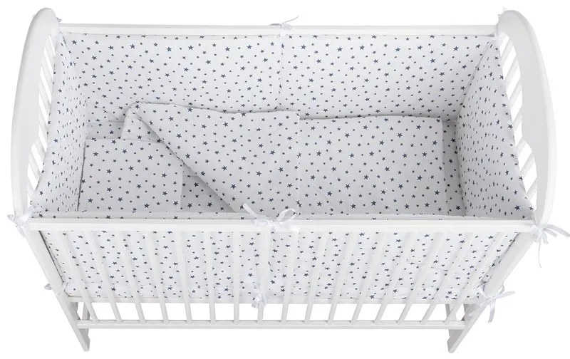 BabyNeeds - Lenjerie patut 5 piese, Cu doua protectii laterale, Pernuta, Plapumioara, Cearceaf, Din bumbac, Pentru patut 120x60 cm, Alb cu stelute albastre