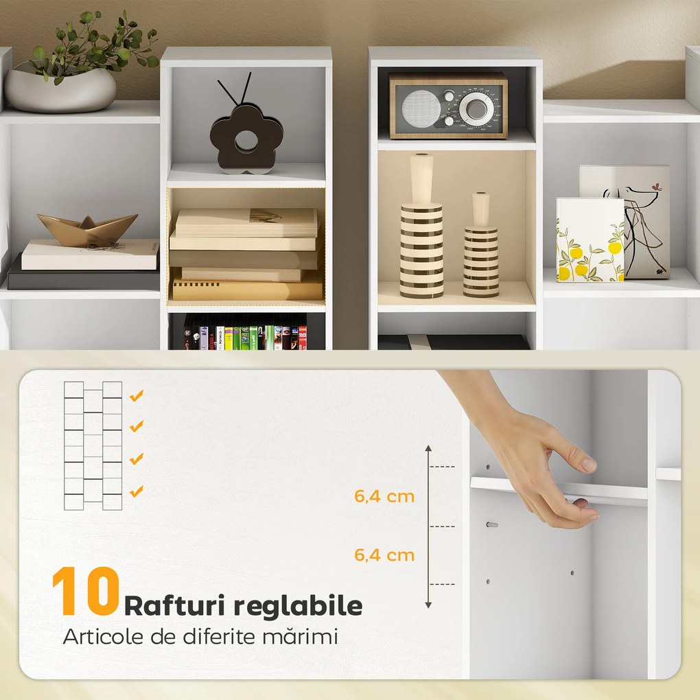 HOMCOM Bibliotecă Modernă din Lemn, Înălțime 181 cm, cu 21 Compartimente și 10 Rafturi Reglabile, Alb | Aosom Romania