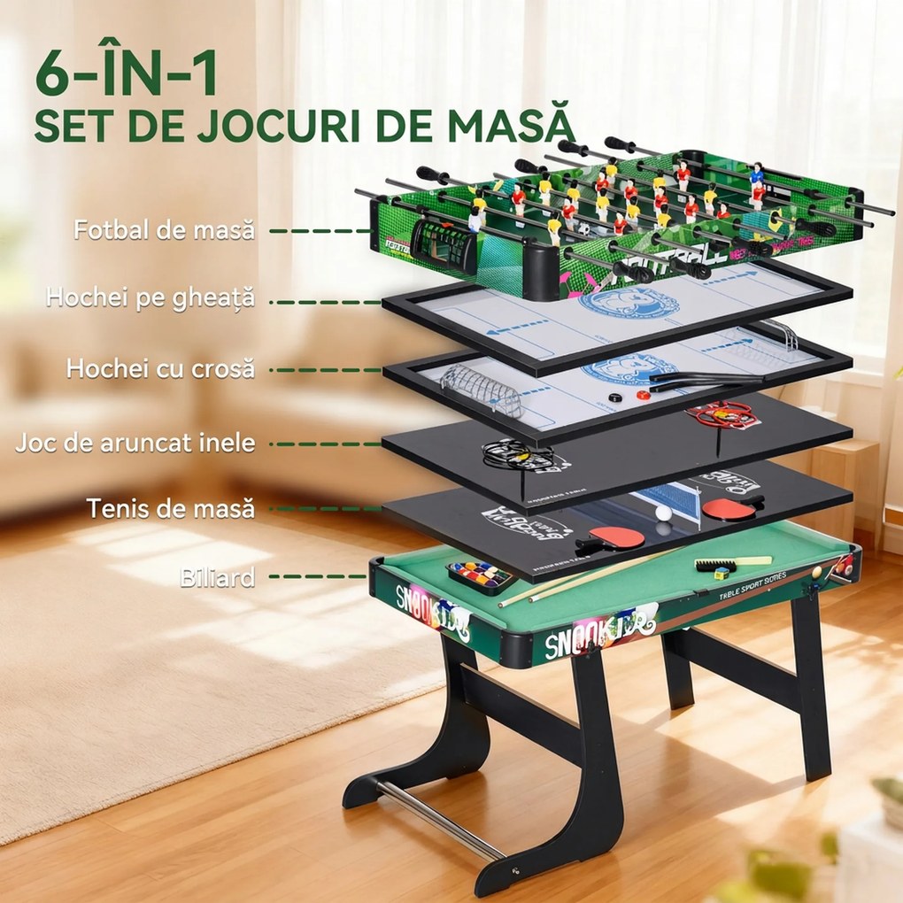 HOMCOM Masă de Jocuri 6 în 1 cu Fotbal de Masă, Biliard, Air Hockey, Tenis de Masă, Hockey pe Iarbă, 118x104x71 cm | Aosom Romania