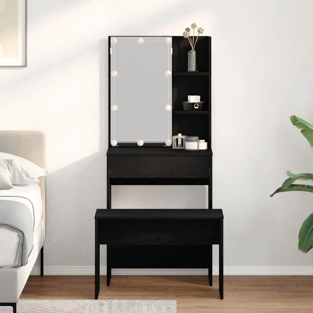 Set de mese de toaletă vidaXL cu LED din lemn prelucrat stejar negru