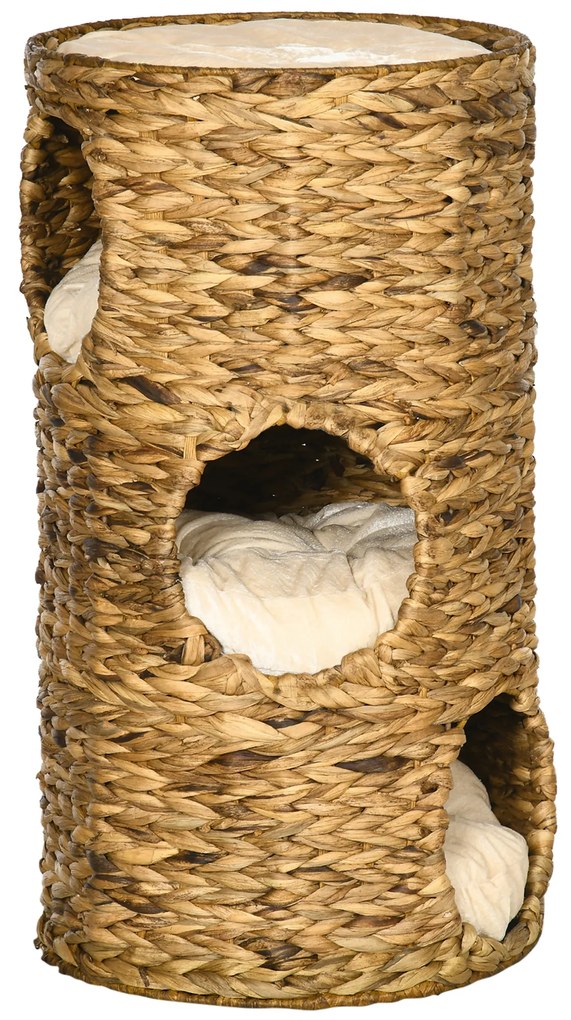 PawHut Loc de retragere pentru pisici cu 3 niveluri, 3 intrări, design boho, inclusiv pernă, 40 cm x 40 cm x 73 cm, maro deschis + crem | Aosom Romania