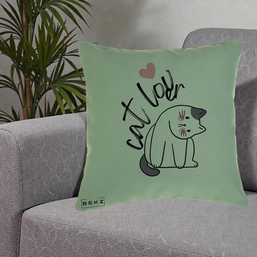 Perna Personalizata Cat Lover Pisica Ilustratie Linie, 40x40 cm, Verde, Husa Detasabila, Perna Inclusa, BEKZ®