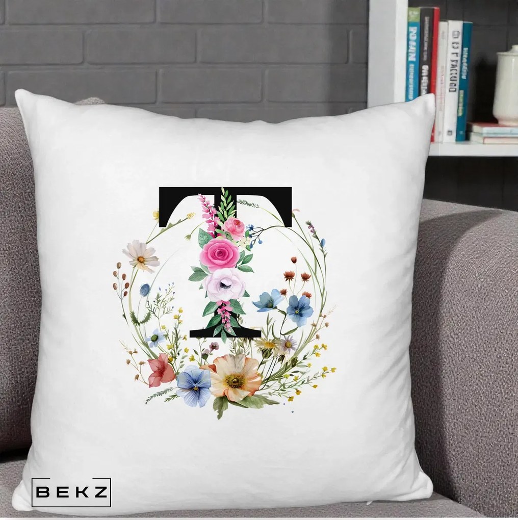 Cadou Personalizat - Perna Personalizata Monogram Litera T cu Flori Acuarela, 40x40 cm, Alb Pufos, Husa Detasabila, Perna Inclusa, BEKZ®