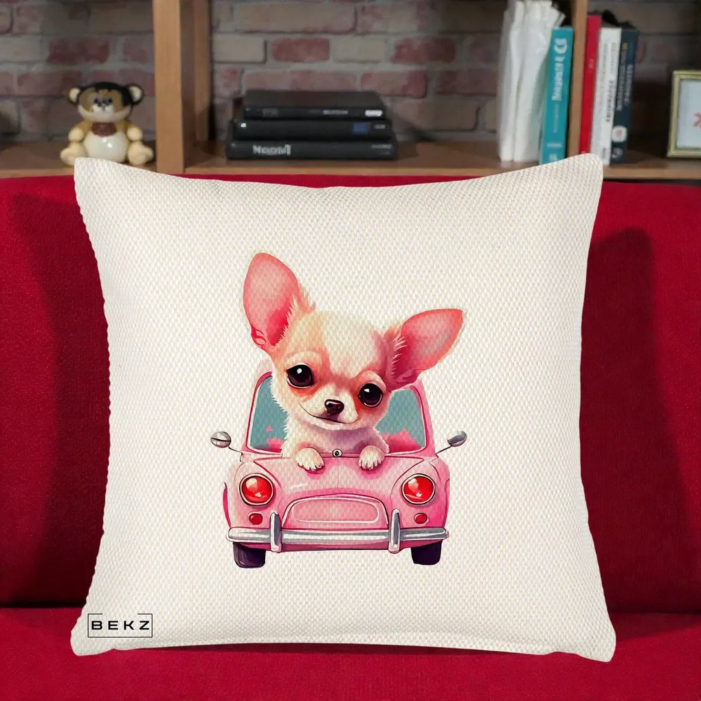 Perna Decorativa Chihuahua Roz in Masinuta, 40x40 cm, Crem Reliefat, Husa Detasabila, Perna Inclusa, BEKZ®