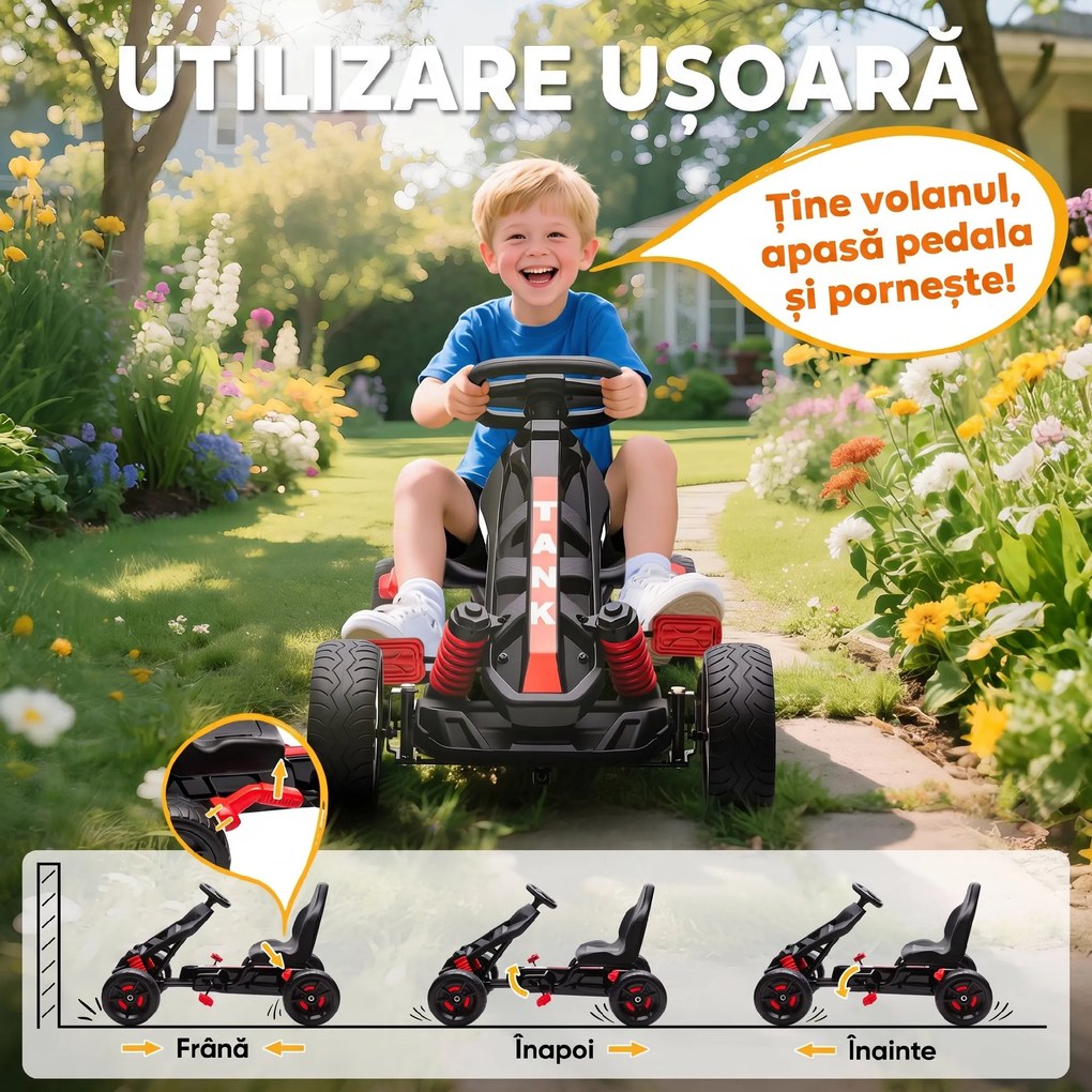 AIYAPLAY Kart cu pedale pentru copii 3-6 ani, max. 50 kg, cu suport pentru pahare și roți EVA antiderapante, roșu | Aosom Romania