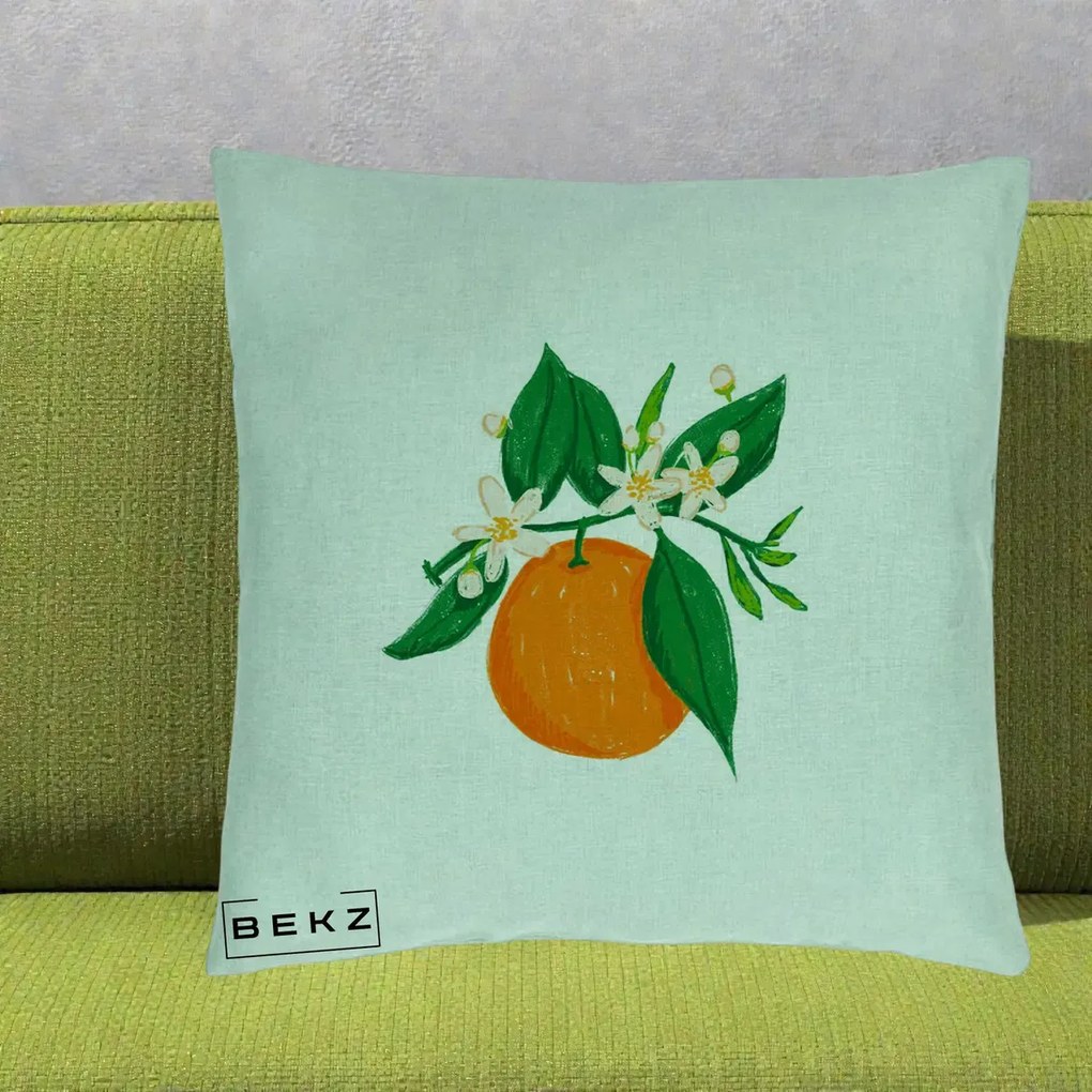 Perna Decorativa Portocala in Floare, 40x40 cm, Verde Menta, Husa Detasabila, Perna Inclusa, BEKZ®