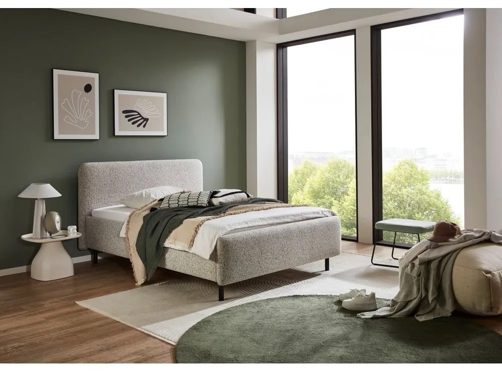 Pat matrimonial bej tapițat cu spațiu de depozitare cu somieră 140x200 cm Primo – Meise Möbel