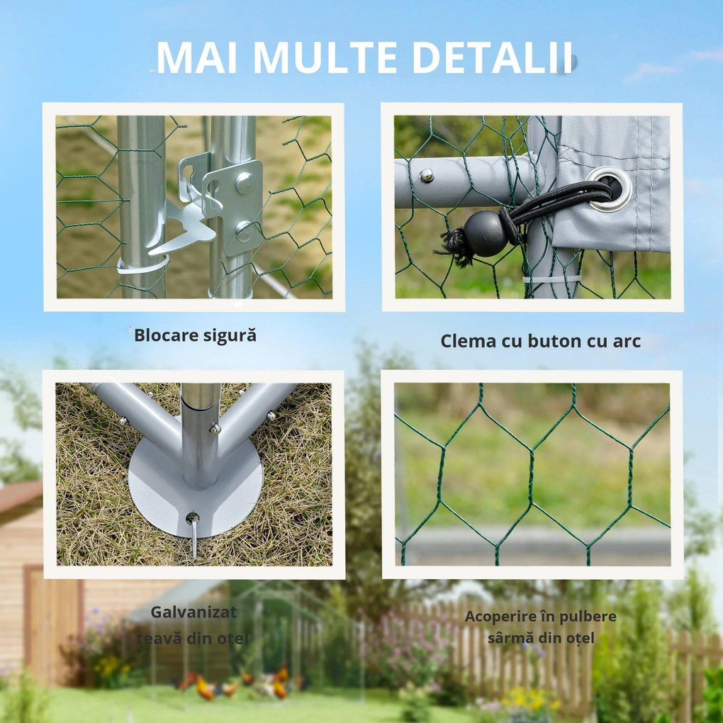 PawHut Coteț pentru Găini din Metal cu Copertină Impermeabilă și Rezistentă la UV, 3x3,4x1,9 m, Argintiu | Aosom Romania