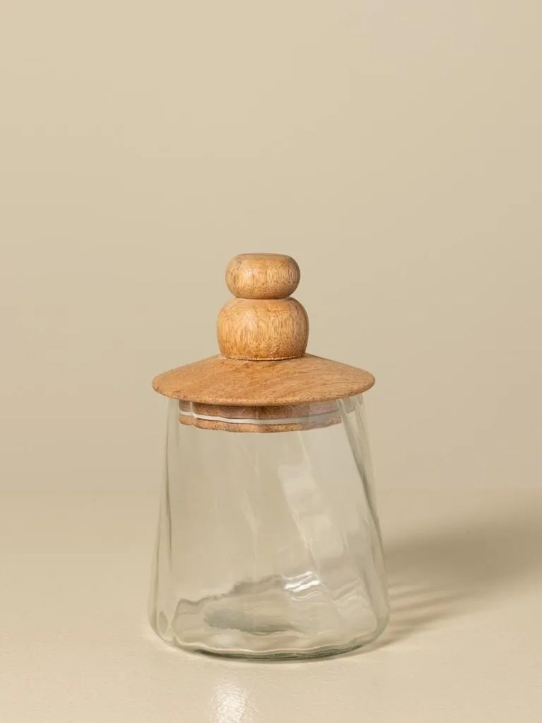 Set 3 borcane din sticlă canelată cu capac din lemn de mango cu mâner sculptat, natur, 12 × 24 cm, „Twisted"