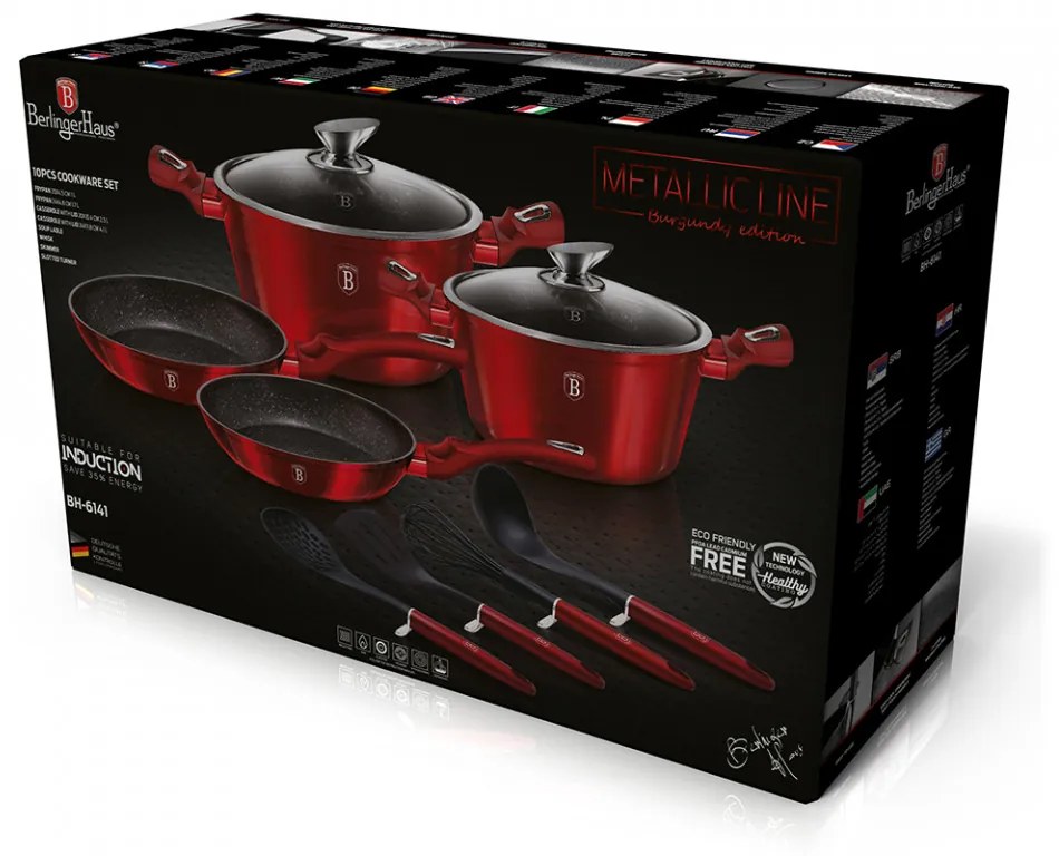 Set oale si tigai marmorate (10 piese) din aluminiu forjat Burgundy Metalic Line Berlinger Haus BH 6141