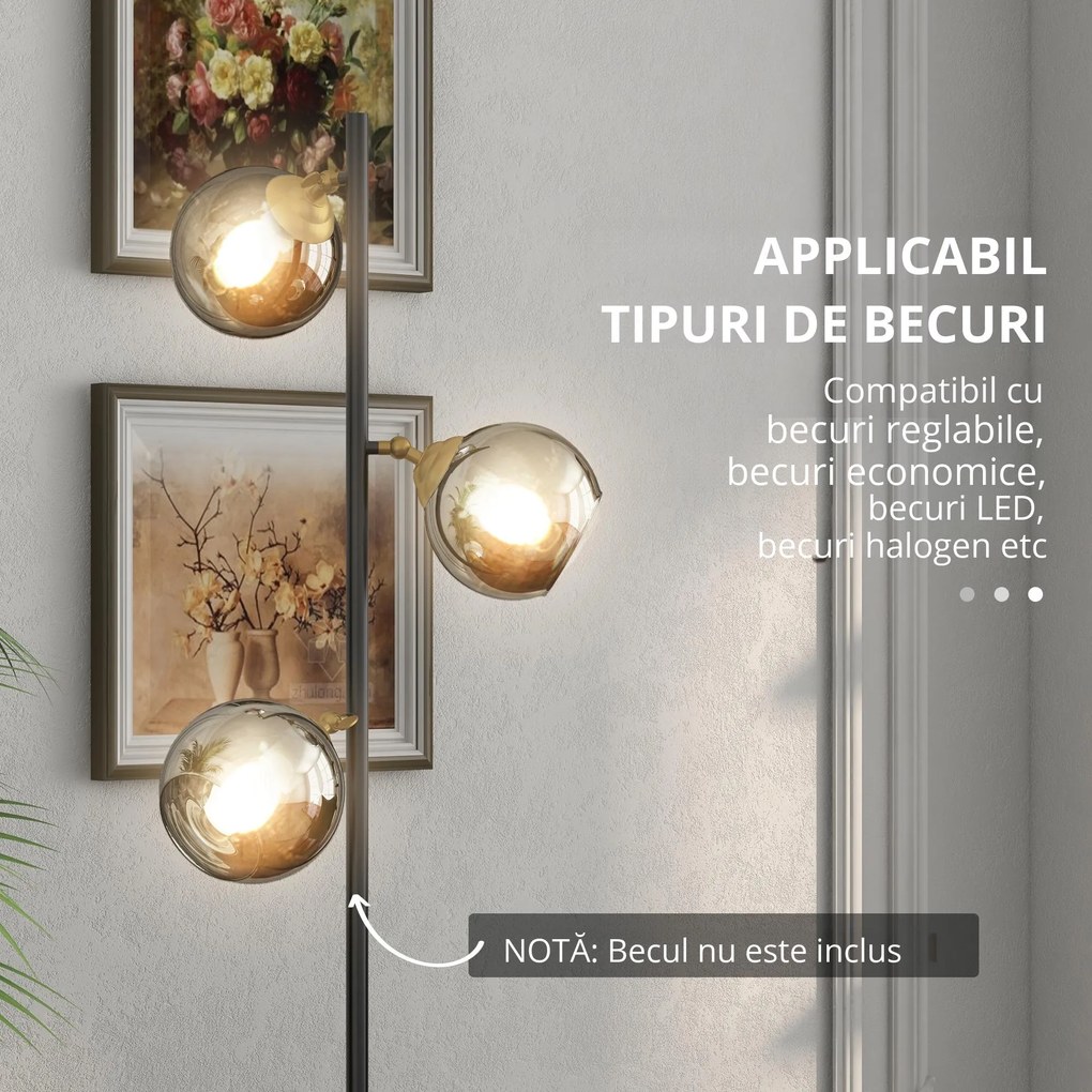 HOMCOM Lampă de Podea cu 3 Abajururi, Lampă pentru Camera de Zi cu Abajur Glob din Sticlă(Becul nu este inclus), Φ36x162 cm, Gri | Aosom Romania