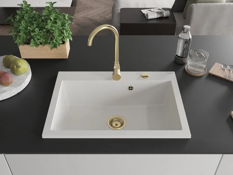 Mexen Elix chiuvetă din granit cu 1 compartiment 700 x 500 mm, albă, sifon auriu - 6526701005-20-G