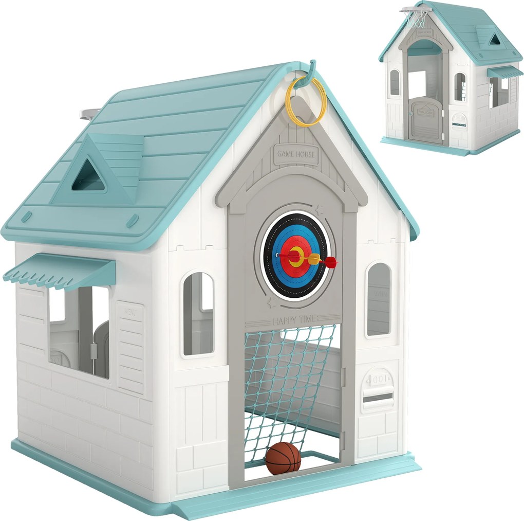 AIYAPLAY Căsuță de Joacă 5-în-1 pentru Copii, de Exterior și Interior, cu Coș de Baschet, Poartă de Fotbal, Tablă de Darts, Joc de Aruncare a Inelelor pentru Copii 2-5 Ani, Bej | Aosom Romania