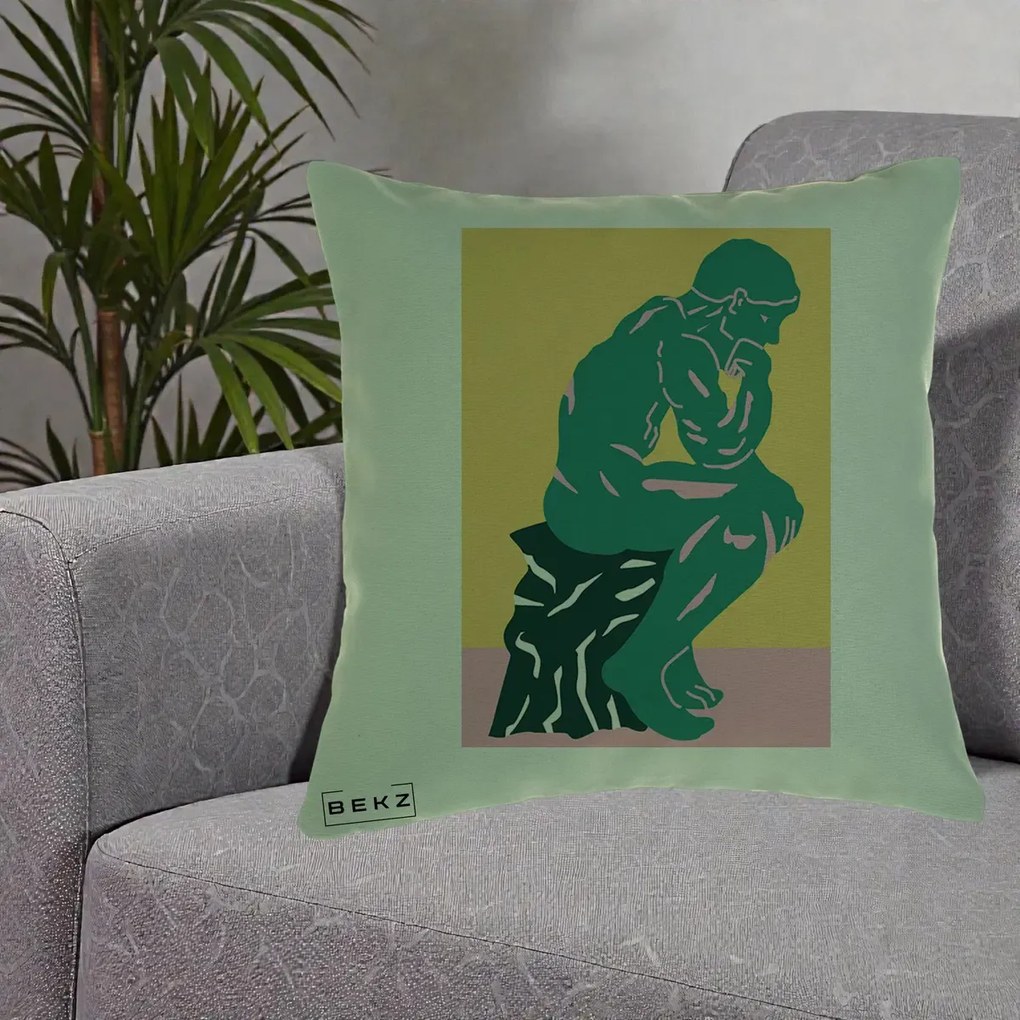 Perna Decorativa Ganditorul Sculptura Pop Art, 40x40 cm, Verde, Husa Detasabila, Perna Inclusa, BEKZ®