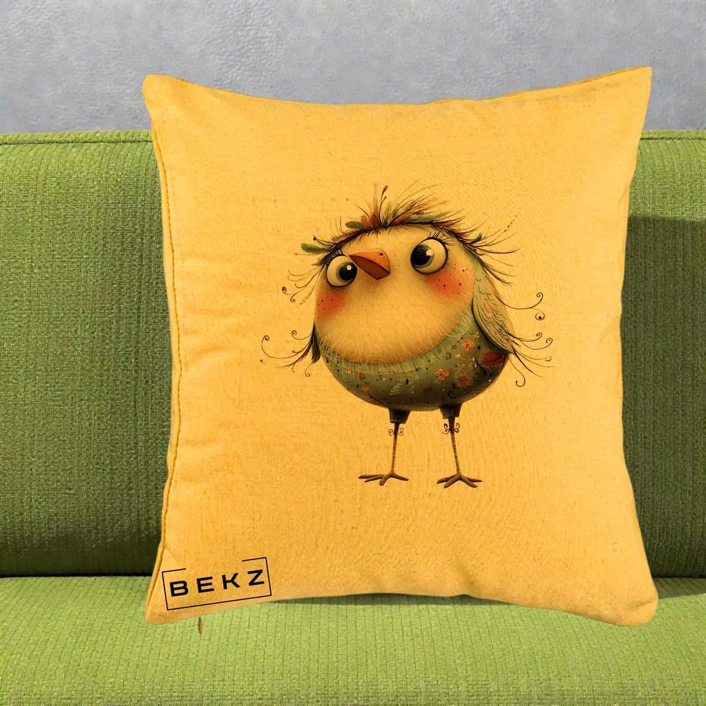 Perna Decorativa Pasare cu Penaj Zbarlit si Gene, 40x40 cm, Galben, Husa Detasabila, Perna Inclusa, BEKZ®