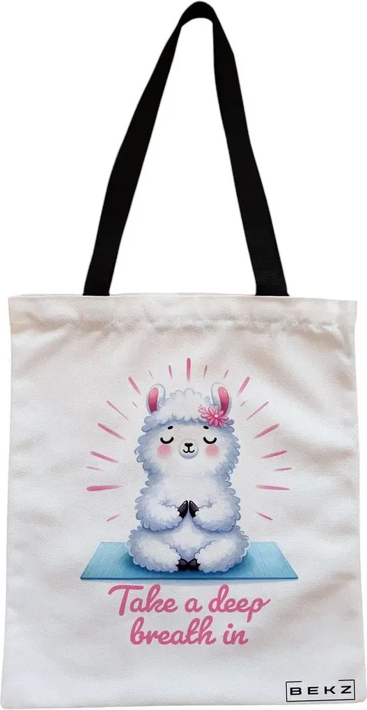 Sacosa de Panza pentru Cumparaturi, Geanta Tote, Yoga Take a deep breath in, Cu fermoar, 38x34.5 cm, Alba, BEKZ®