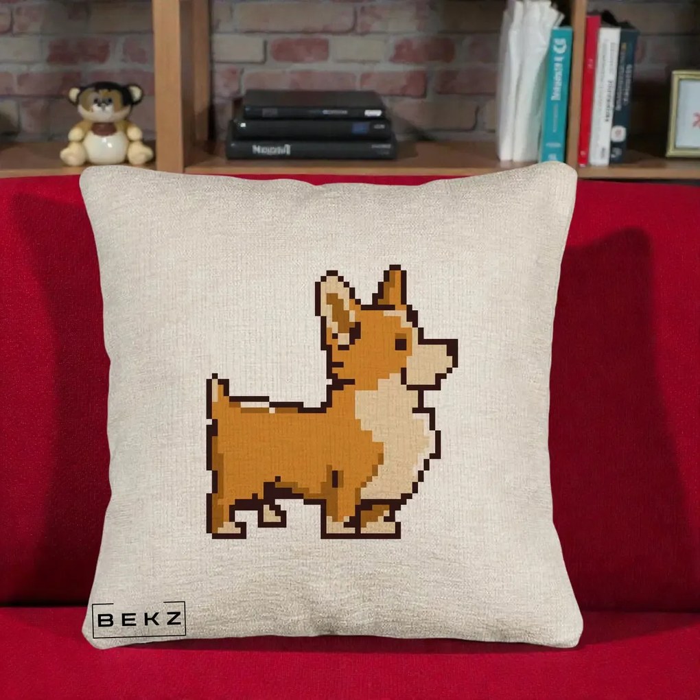 Perna Personalizata Corgi Pixel Art, 40x40 cm, Bej Canapea, Husa Detasabila, Perna Inclusa, BEKZ®