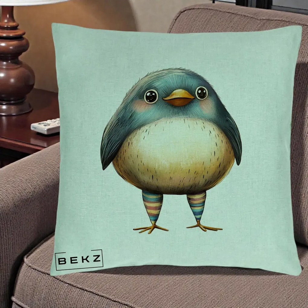 Perna Decorativa Pasare Teal-Bej cu Sosete Curcubeu, 40x40 cm, Verde Menta, Husa Detasabila, Perna Inclusa, BEKZ®