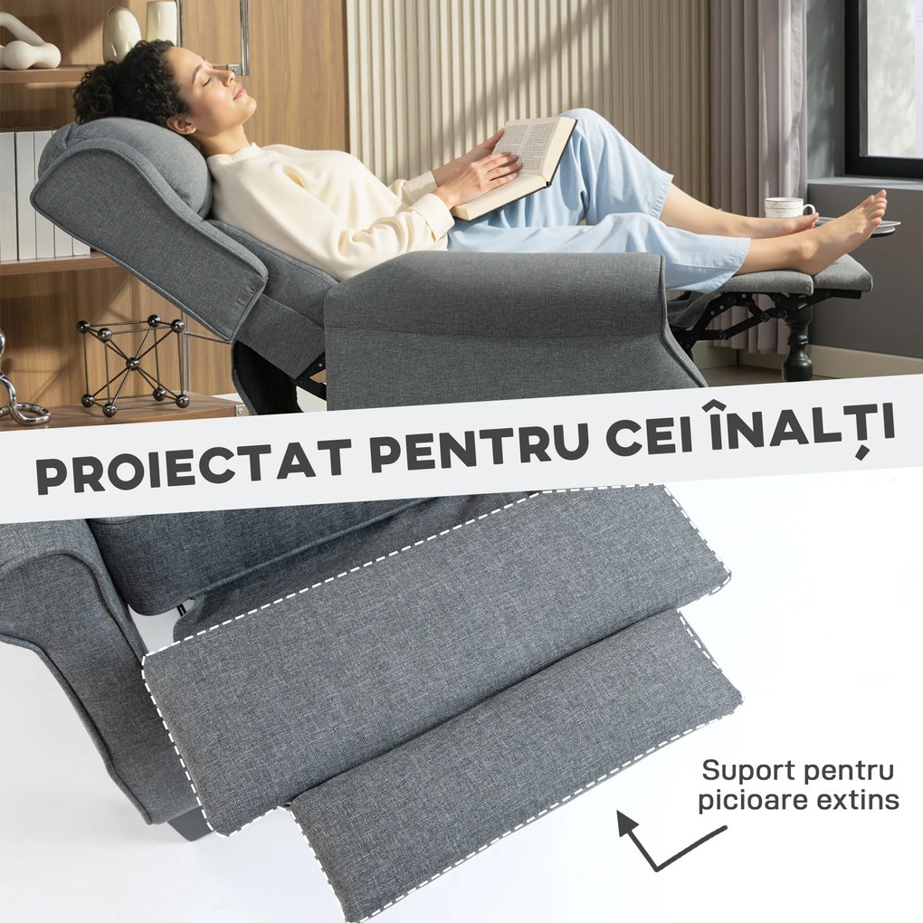 HOMCOM Fotoliu Reclinabil 132° max din Țesătură cu Efect de In cu Suport pentru Picioare, 74x84x102 cm, Gri | Aosom Romania