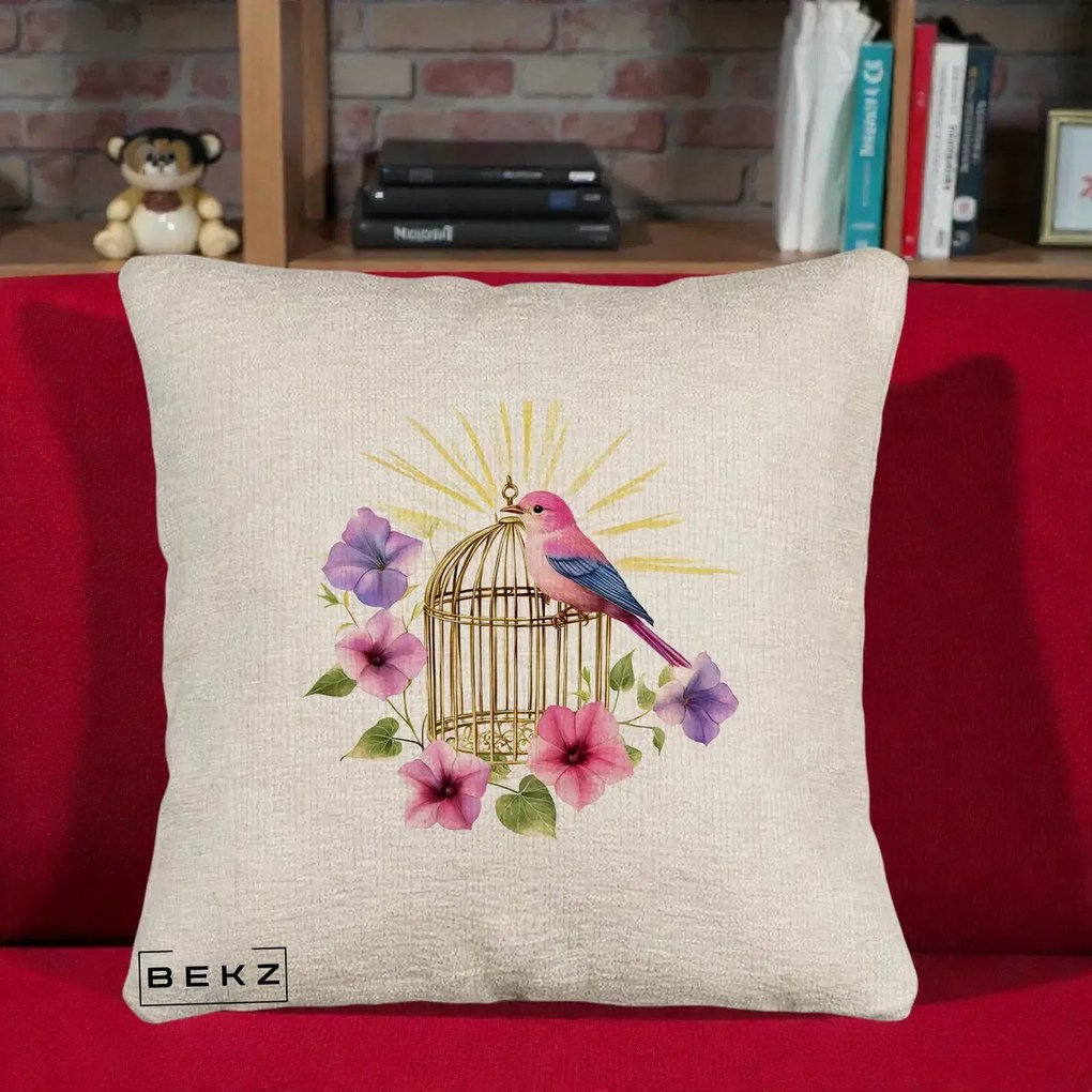 Perna Decorativa Pasare Roz pe Colivie Aurie cu Flori, 40x40 cm, Bej Canapea, Husa Detasabila, Perna Inclusa, BEKZ®