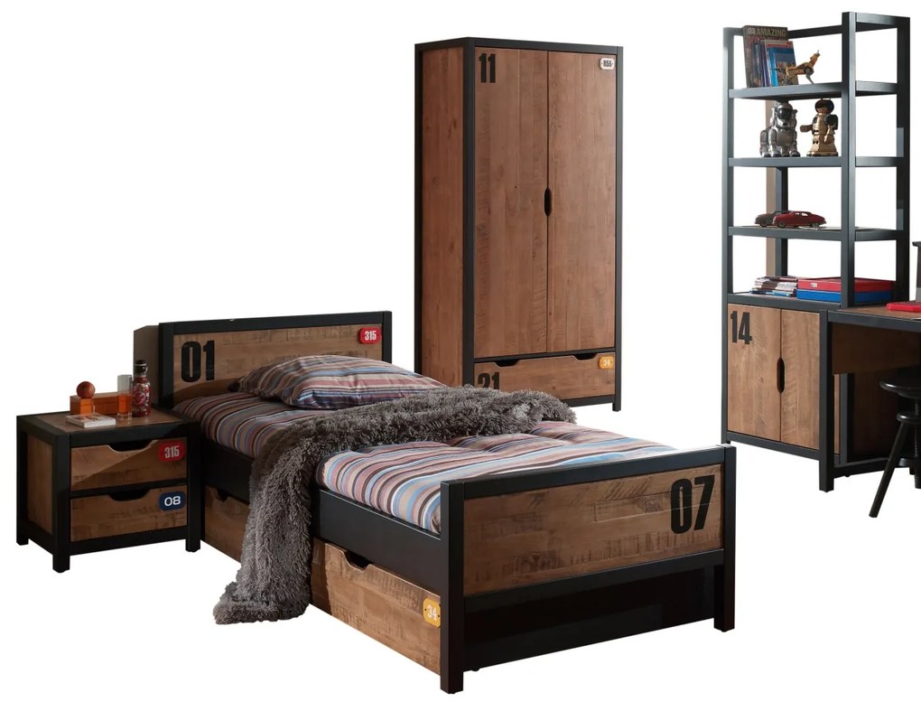 Set Mobilier Cameră Copii ALEX, format din 5 Piese, Pat 90x200 cm, Pin Masiv și Metal Negru – Vipack