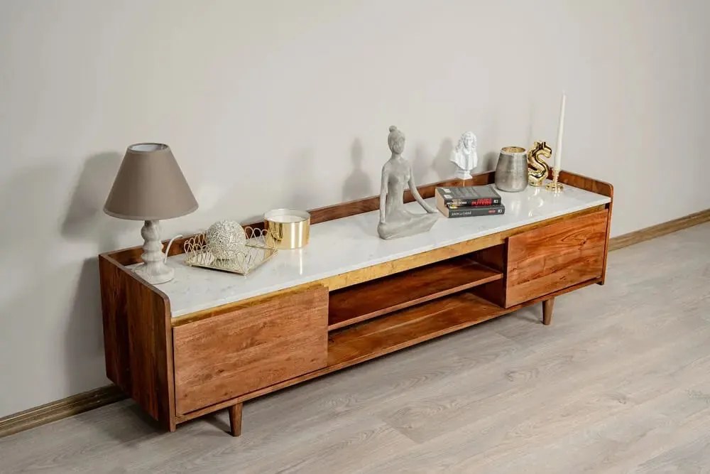 Comodă TV din lemn masiv si marmura, Milano Marble 160 x 35 x 45 cm, d