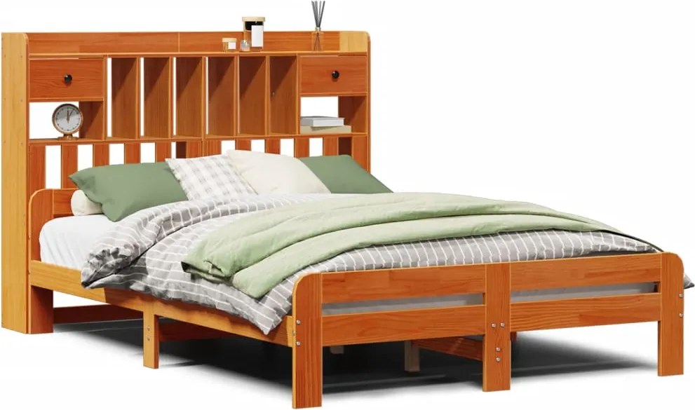 vidaXL Pat cu bibliotecă fără saltea maro 160x200 cm lemn masiv de pin