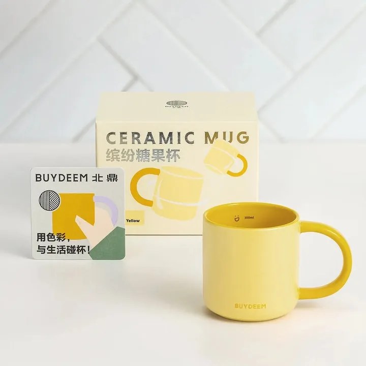 Ceasca ceramica pentru ceai si cafea Buydeem CD1018-MY, 350 ml, Fund plat, Scala de masurare interna, Ceramica pentru temperaturi inalte, Galben
