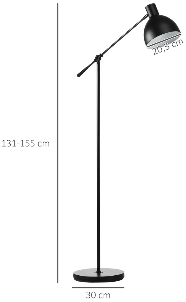 HOMCOM Lampadar de podea pentru living 40 W înălțime ajustabilă, abajur și braț pivotant, comutator la picior, soclu E27, negru | Aosom Romania