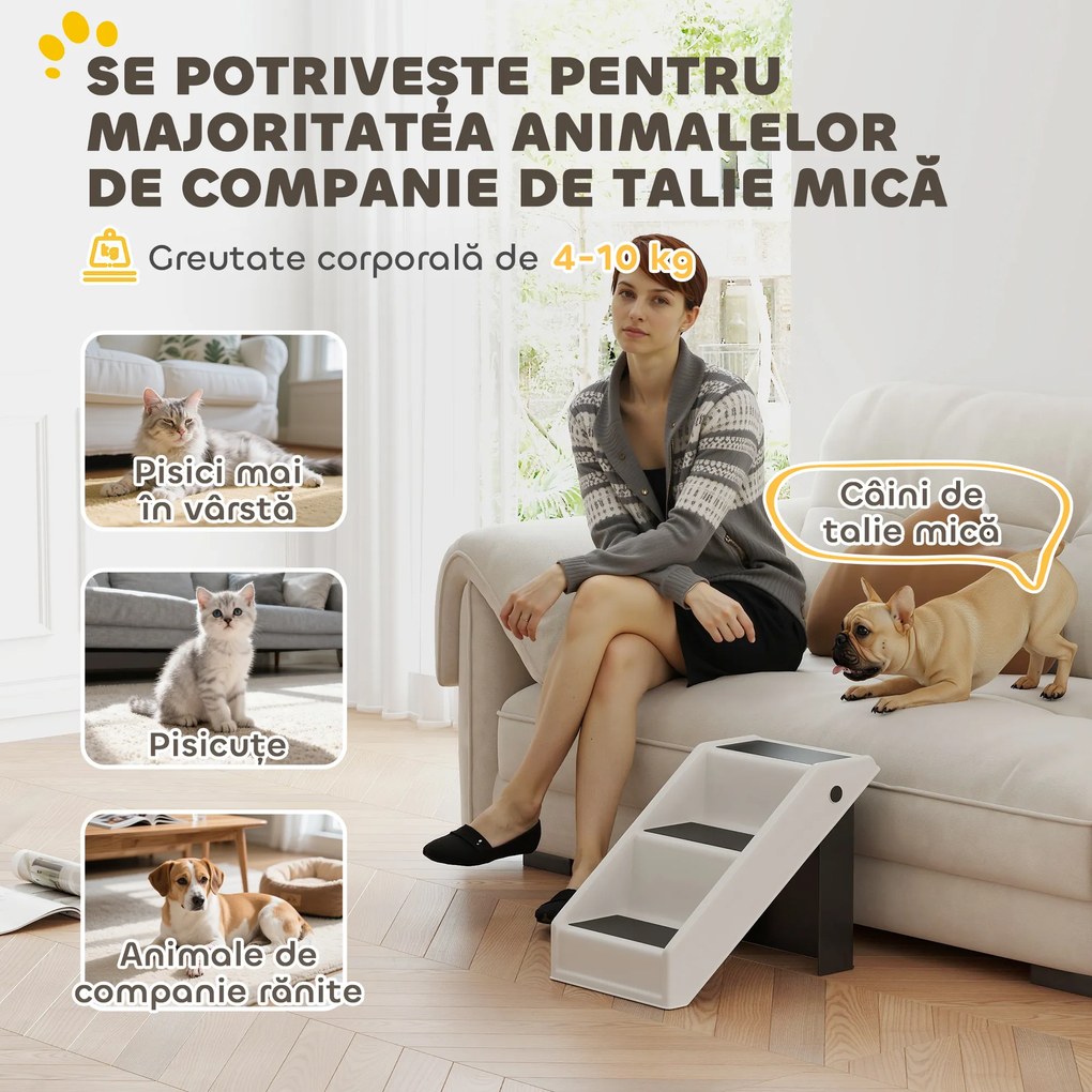 PawHut Scară pentru Câini și Pisici cu 3 Trepte Antiderapante, Design Pliabil cu Capacitate de 10 kg, Crem | Aosom Romania