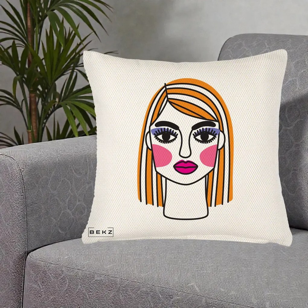 Perna Decorativa Portret Pop Art Fata, 40x40 cm, Crem Reliefat, Husa Detasabila, Perna Inclusa, BEKZ®