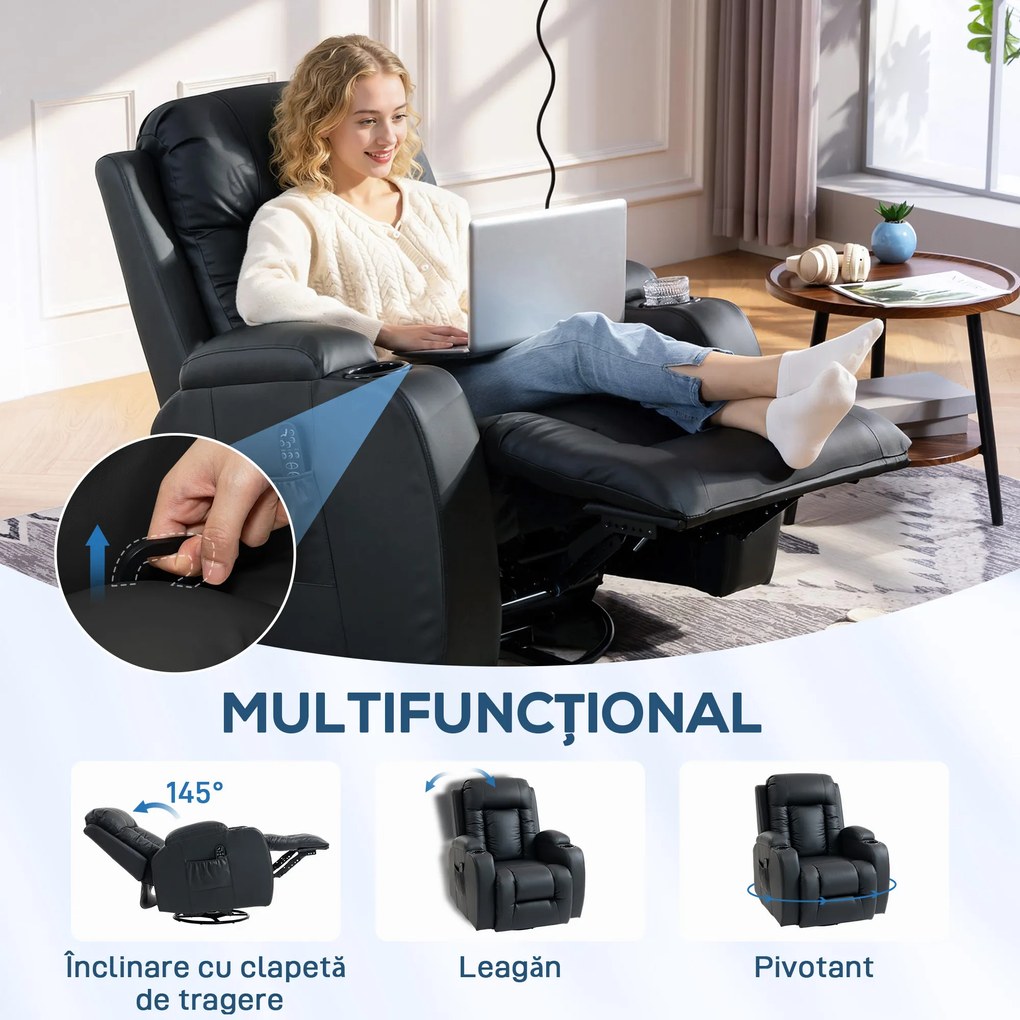 Homcom Fotoliu Masaj &amp; incalzire – 8 Zone, Piele Eco, inclinabil 150° | Aosom Romania