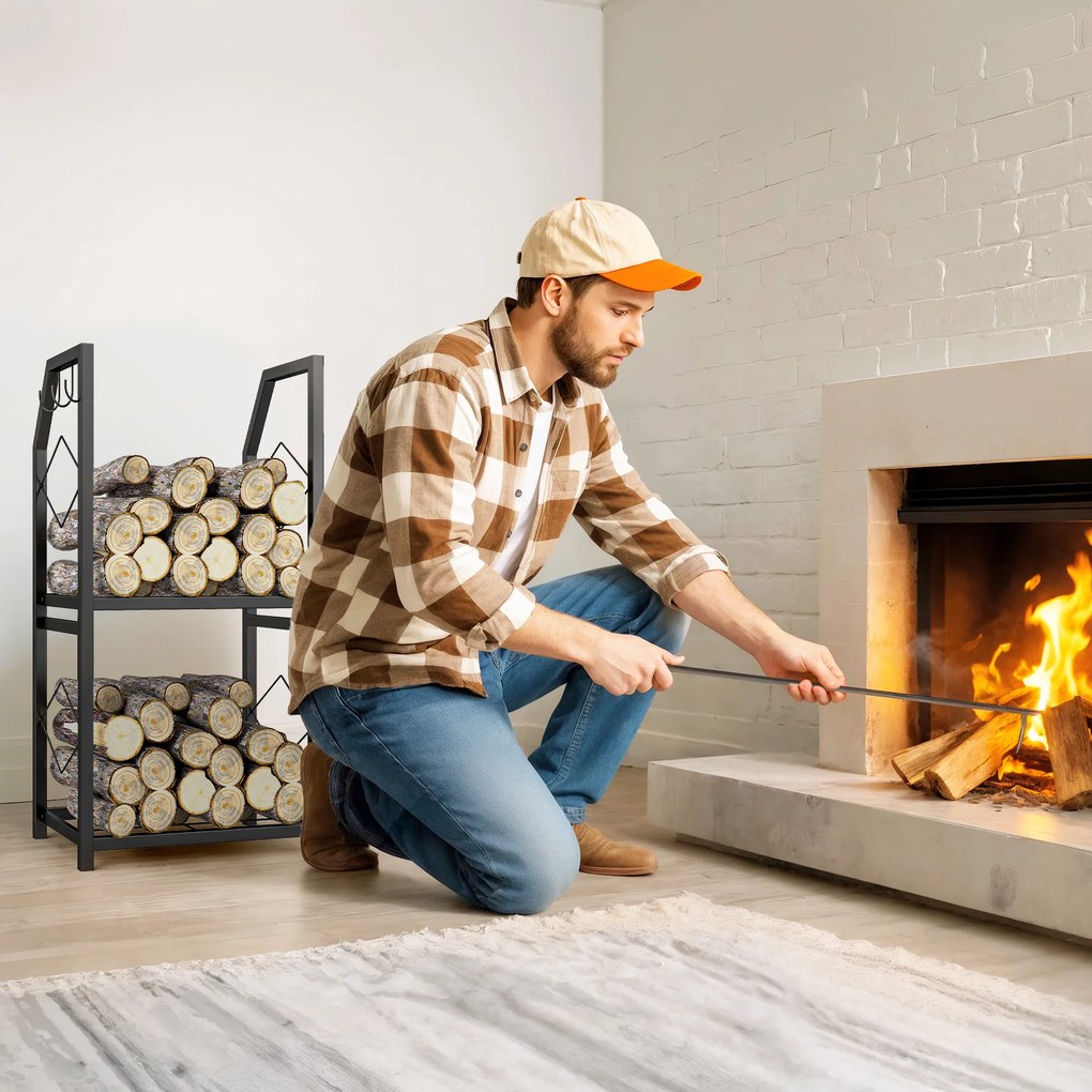 Outsunny Suport de Lemne din Oțel pe 2 Nivele cu 3 Cârlige Laterale 41x30x81cm Negru | Aosom Romania