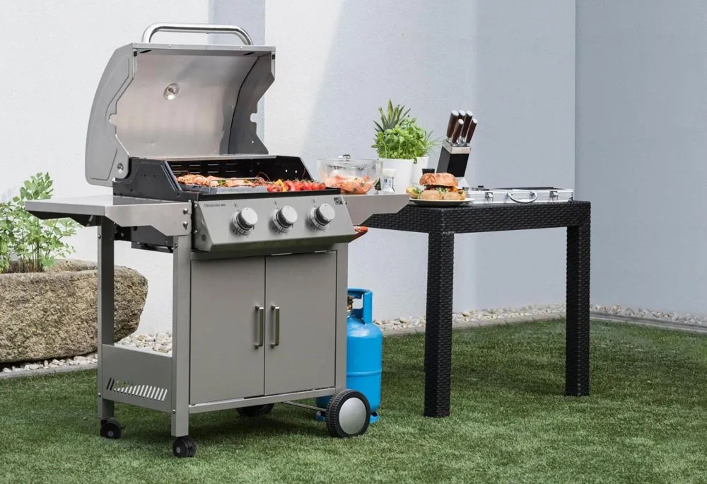 Grătar pe gaz OKLAHOMA BBQ, 3 arzătoare, cu regulator de presiune, argintiu Penta CZ