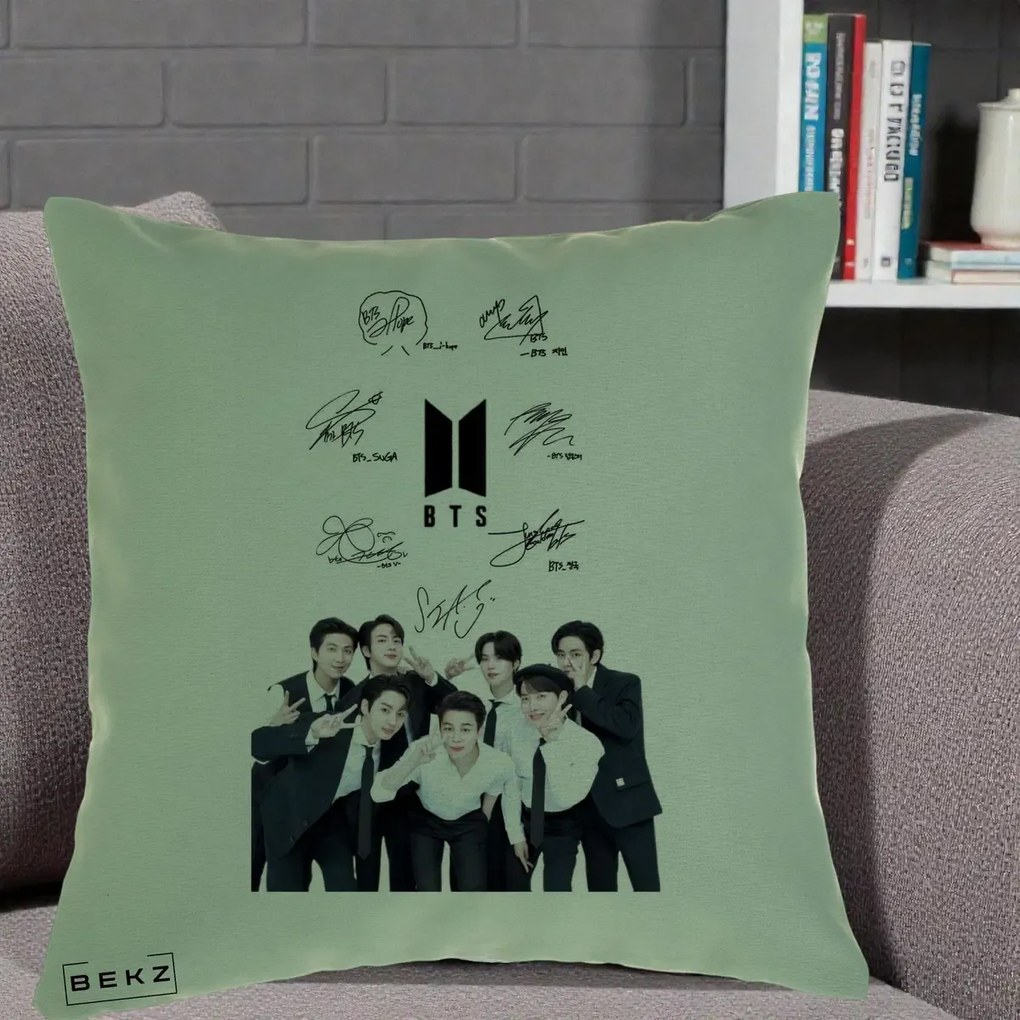 Perna Personalizata K-pop BTS Autografe Toti Membrii cu Fotografie, 40x40 cm, Verde, Husa Detasabila, Perna Inclusa, BEKZ®