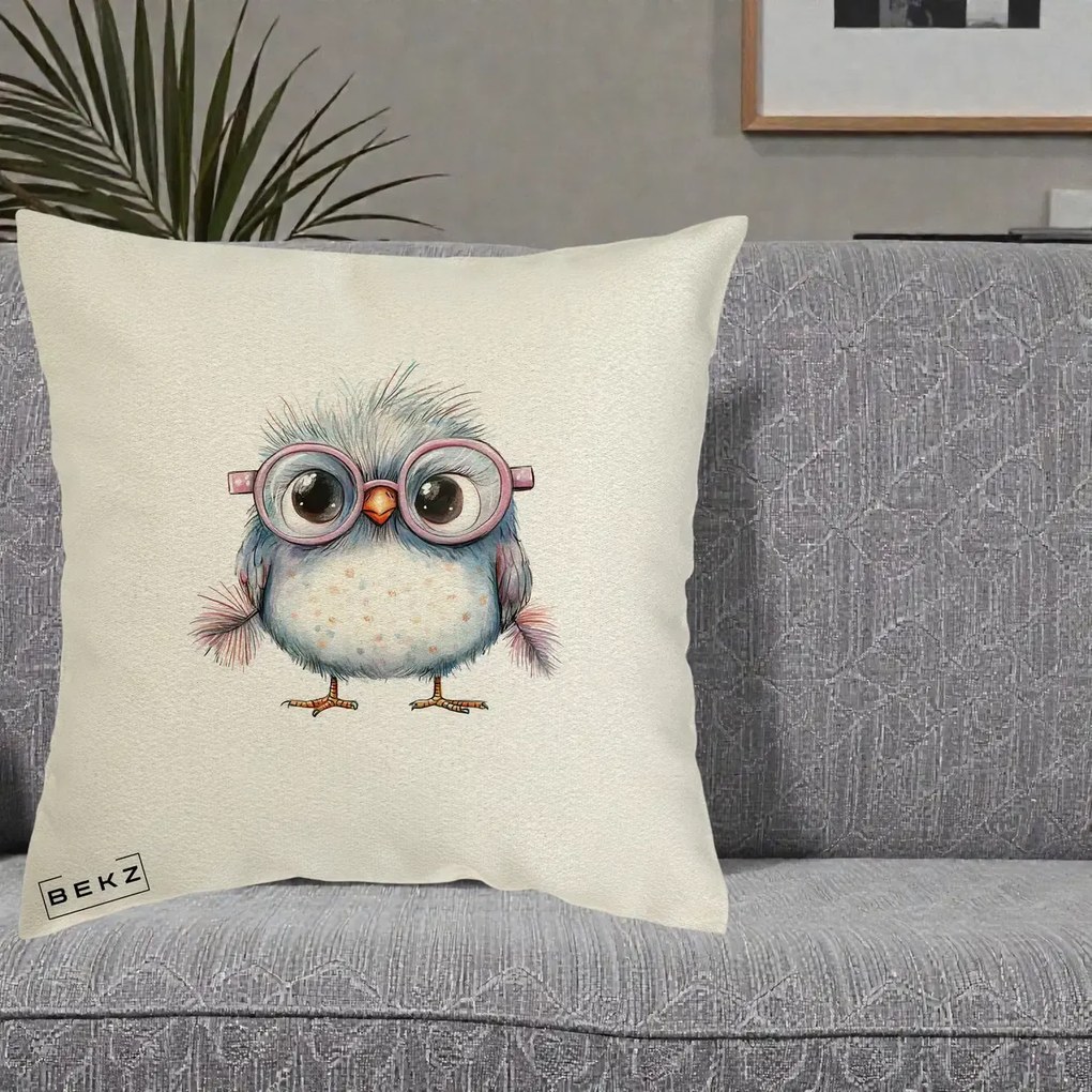 Perna Decorativa Pui Pufos cu Ochelari Roz, 40x40 cm, Ecru, Husa Detasabila, Perna Inclusa, BEKZ®