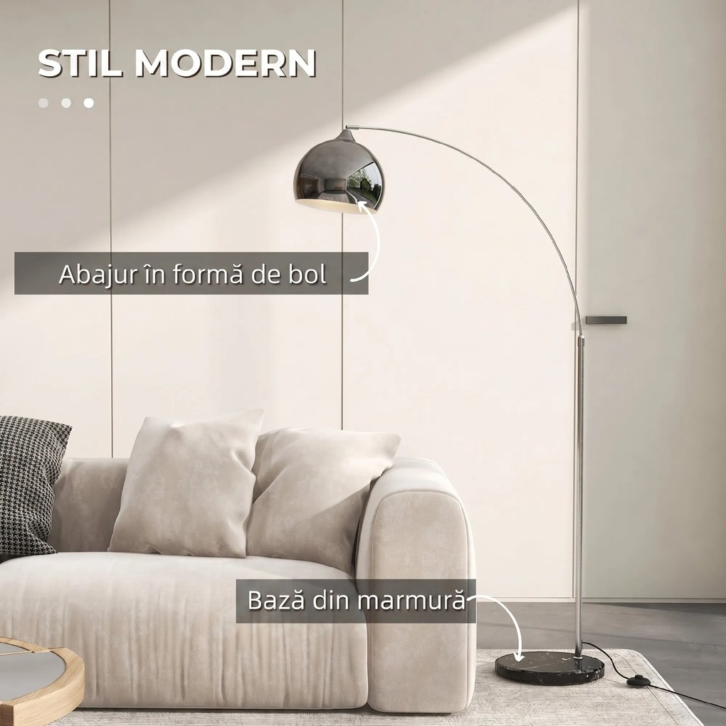 HOMCOM Lampă de podea vintage în arc cu bară ajustabilă, întrerupător de picior, soclu E27, argintiu | Aosom Romania