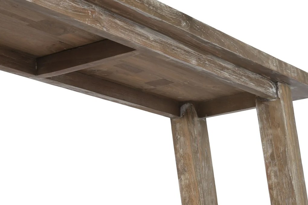 Consolă hol în stil etnic, din lemn de tec reciclat, natur, cu raft jos și picioare înclinate, finisaj patinat, 90 x 240 x 46 cm, „Granville”
