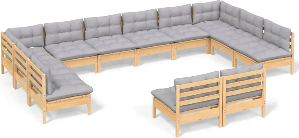 vidaXL Set mobilier grădină cu perne, 12 piese, gri, lemn masiv pin