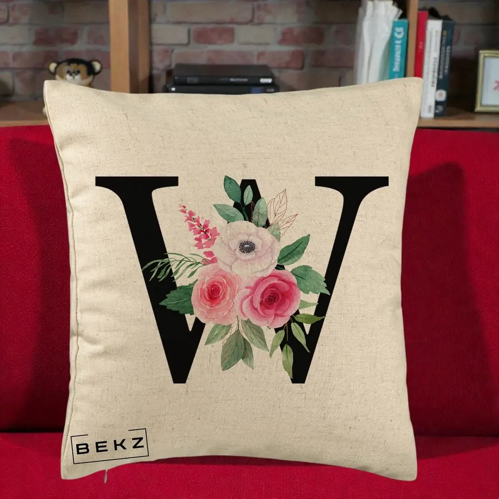 Cadou Personalizat - Perna Personalizata Monograma Florala Litera W cu Trandafiri si Anemona, 40x40 cm, Bej, Husa Detasabila, Perna Inclusa, BEKZ®