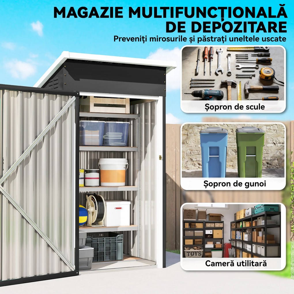 Outsunny Magazie de Grădină 0,74m² din Oțel Galvanizat cu Guri de Aerisire, Magazie cu Ușă Blocabilă, Acoperiș Înclinat, Mănuși, Depozitare Unelte, 107,5x91x185 cm, Gri Închis | Aosom Romania