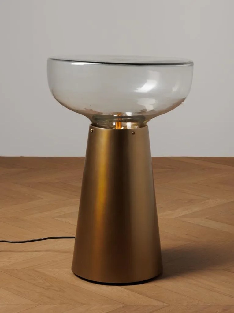 Măsuță laterală iluminată rotundă din metal și sticlă, auriu, cu blat în formă de cupă și bază conică, 56 x 37 cm, „Marvela”