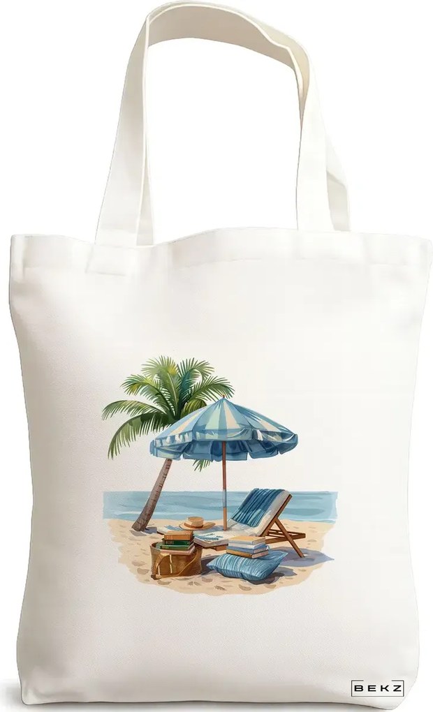 Sacosa de Panza pentru Cumparaturi, Geanta Tote, model Beach life 2 38 x 34.5 cm, Alba, BEKZ®