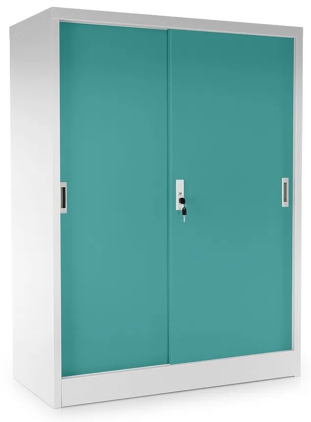 Dulap metalic universal mediu cu uși glisante 90 x 40 x 120 cm, încuietoare cilindrică, verde - ral 6033