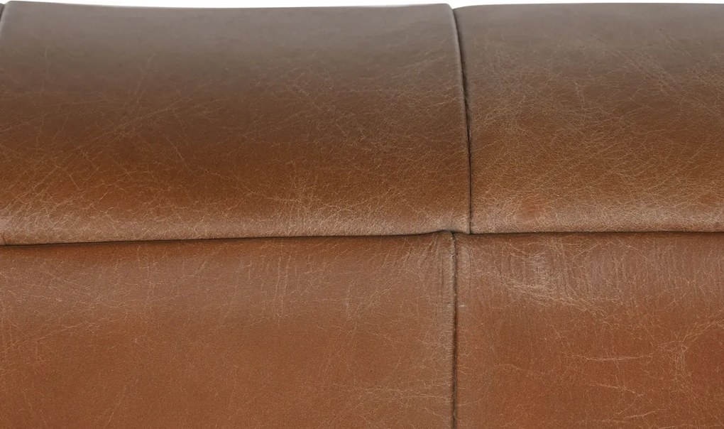 Canapea 3 locuri din piele cognac, cu spătar capitonat, picioare din metal auriu, aspect retro, 74 x 209 x 77 cm, „Odette”