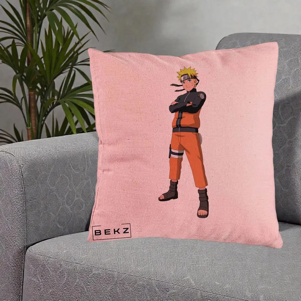 Perna Personalizata Naruto Uzumaki Portret Complet, 40x40 cm, Roz, Husa Detasabila, Perna Inclusa, BEKZ®