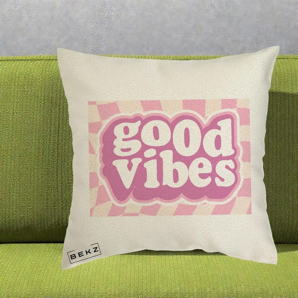Perna Decorativa Good Vibes Retro Roz, 40x40 cm, Ecru, Husa Detasabila, Perna Inclusa, BEKZ®