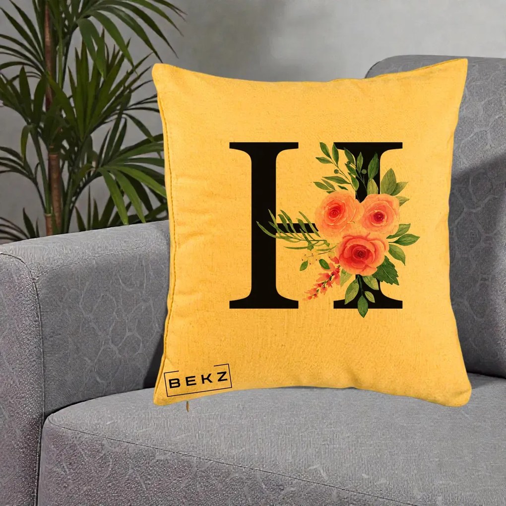 Cadou Personalizat - Perna Personalizata Monograma Florala Litera H cu Trandafiri Roz, 40x40 cm, Galben, Husa Detasabila, Perna Inclusa, BEKZ®