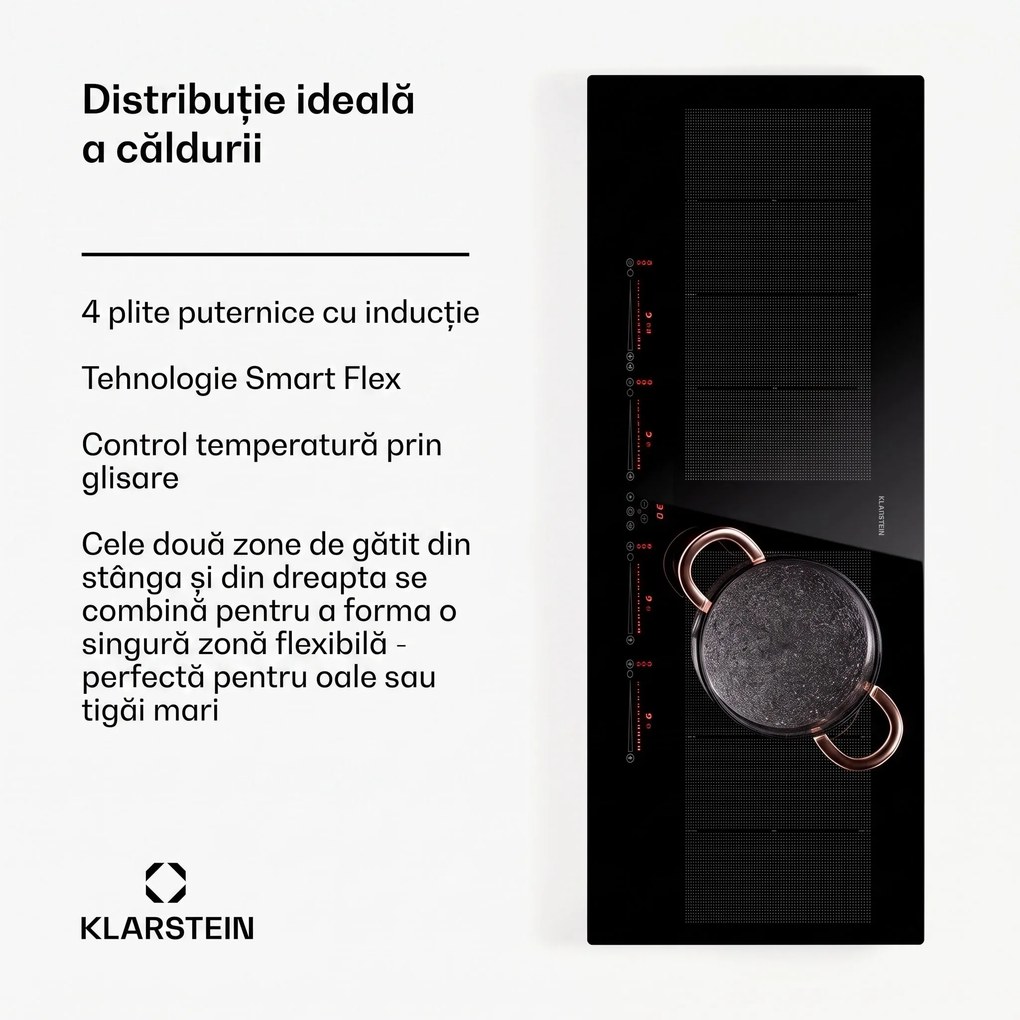 Klarstein Masterzone 90 Slim Flex, plită cu inducție, max. 7200 W, încorporat, 4 zone Flex, tehnologie ThermoBoost, Smart Flex