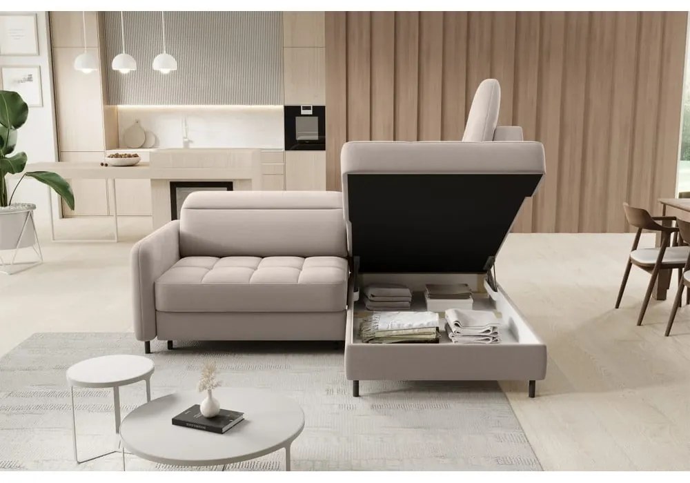 Colțar maro deschis extensibil/cu spațiu de depozitare cu tapițerie din catifea (cu colț pe partea dreaptă/în formă de ”L”) Barea – ELTAP